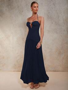 COSMINA 女士纯色金属装饰性感吊带连衣裙 - 藏蓝色 - 查看 3