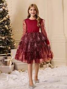 Vestido elegante negro de cuello redondo con malla de lentejuelas para niñas, adecuado para banquetes, fiestas, vacaciones, bodas, niña de las flores, bailes de graduación, Navidad, Halloween, graduación, regreso a la escuela y otras ocasiones - Burdeos - Ver 7