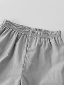 2件套男童休闲纯色拉链连帽短袖上衣和短裤套装，适合日常休闲、运动、上学、户外活动、春夏季节穿着。 - 橄欖綠 - 查看 8