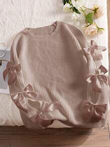 CosyJoli Plus Size Hollow Bowknot Decor Cute Loose Fit Pullover Sweater, Apricot Color, Fall/Winter - Beige - View 3