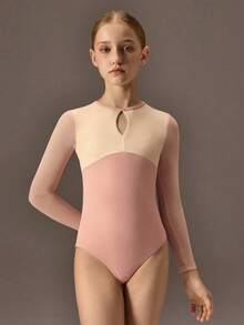 Tween Girls' Solid Color Minimalist Leotard, Mesh Splice Fitted For School, Professional Training, Ballet, Gymnastics, Dance Studio, Dance Wear - Multicolor - View 5