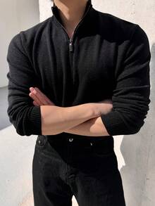 DAZY 男士黑色半拉链毛衣，秋冬季 - 黑色 - 查看 1