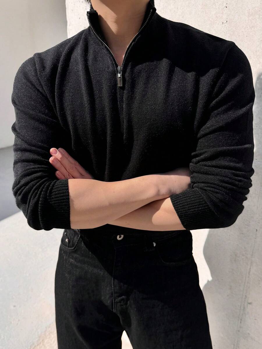 DAZY 男士黑色半拉链毛衣，秋冬季 - 黑色 - 查看 1