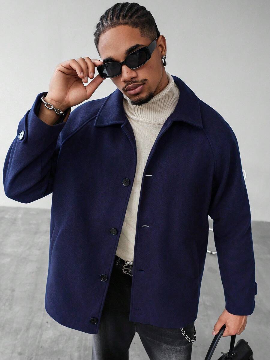 Manfinity Homme 男士纯色插肩袖单排扣休闲羊毛混纺夹克，秋冬男士外套，藏蓝色夹克，男士外衣 - 藏蓝色 - 查看 1