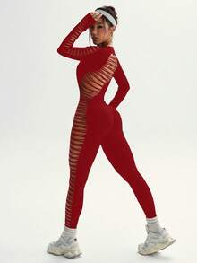 Slayform Macacão feminino de cor sólida, gola redonda, design vazado, justo, casual, para esportes ao ar livre. - Borgonha - Ver 4