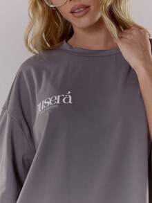 MUSERA 超大款修身标语T恤，秋冬街头风，酷女孩Y2K日常休闲风，春夏复古风 - 深灰色 - 查看 6