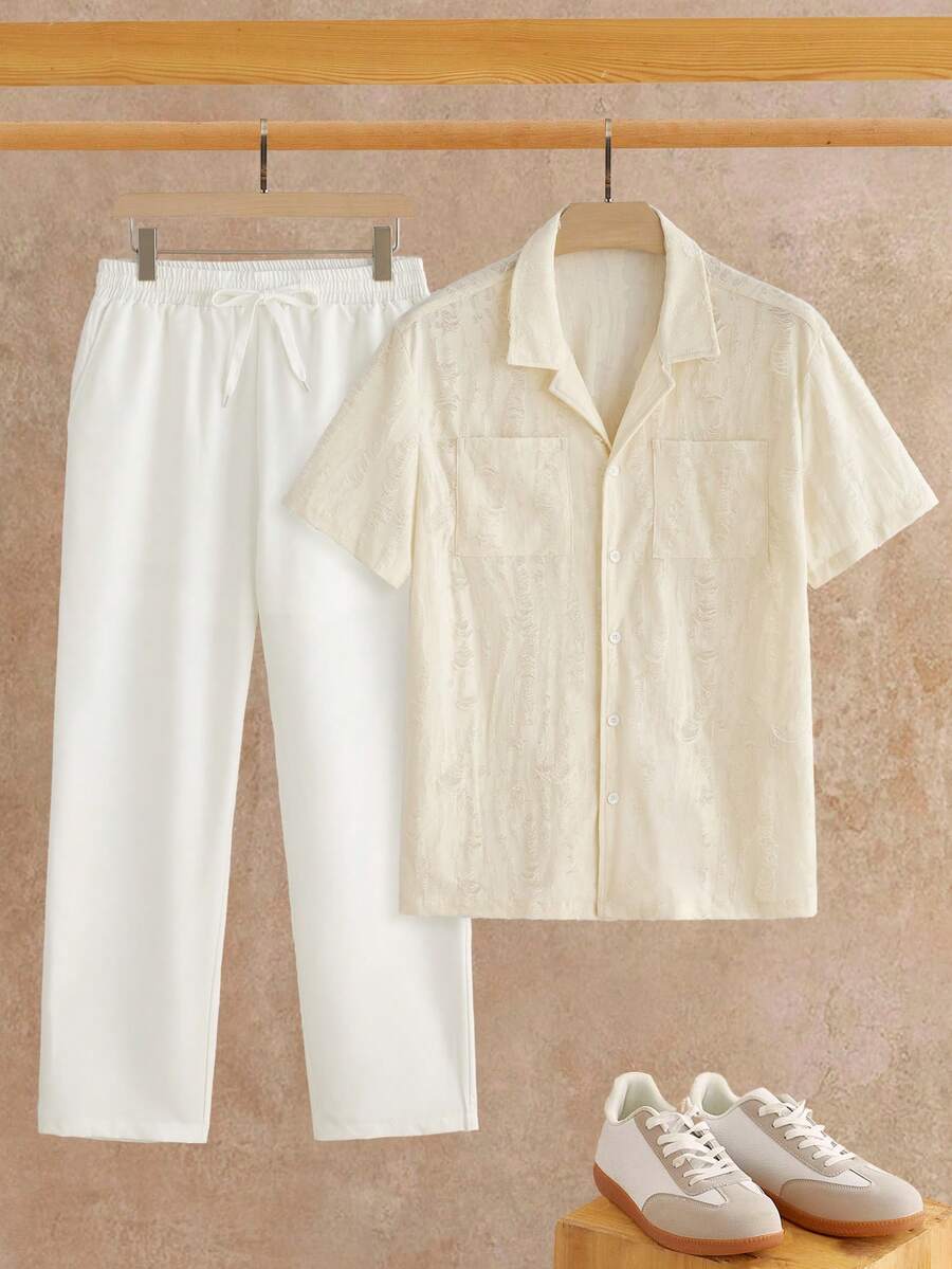 HIMLAND Men's Solid Color Minimalist Casual Short Sleeve Shirt And Pants Set Daily Essential Wardrobe Staple Basic Style All-Match Style Go-To Piece Mix-And-Match Item Casual Versatile Style  Multi-Piece Set 2-Piece Set Men S Silk Set Cream Outfit Men Beach Clothes For Men White Cream Linen Men Set Pants And Shirt Set