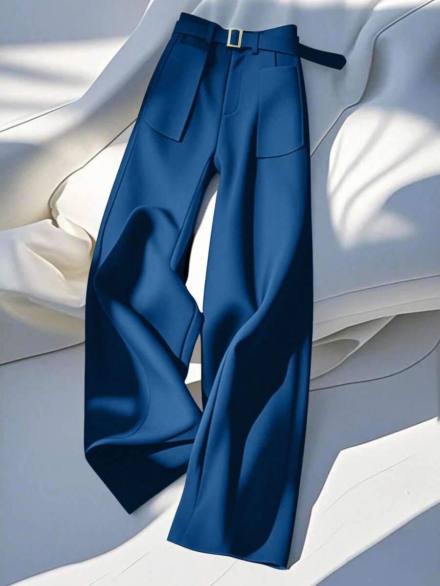 GlowEve Elegant Women's Wide Leg Pants With Pocket Decoration And Waist Cinching - Aqua Blue - View 1
