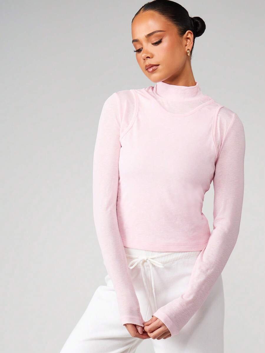 MISSGUIDED Double Layered High Neck Long Sleeve Top With Fitted Silhouette And Mock Neck Design For Casual Layering And Winter Comfort - Baby Pink - View 1