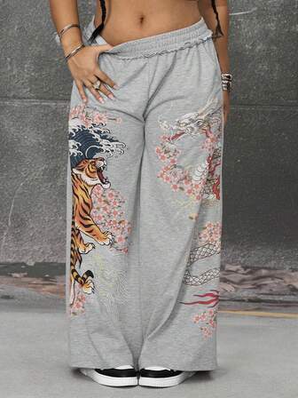 ROMWE Avant Plus Size New Chinese Style Tiger & Dragon Element Print Loose Street Sweatpants