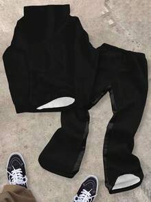 Tween Boy Casual Minimalist Y2K Colorblock Hiphop English Letter Star Pattern Loose Hoodie And Flare Pants 2-Piece Set, Suitable For Autumn/Winter - Multicolor - View 3
