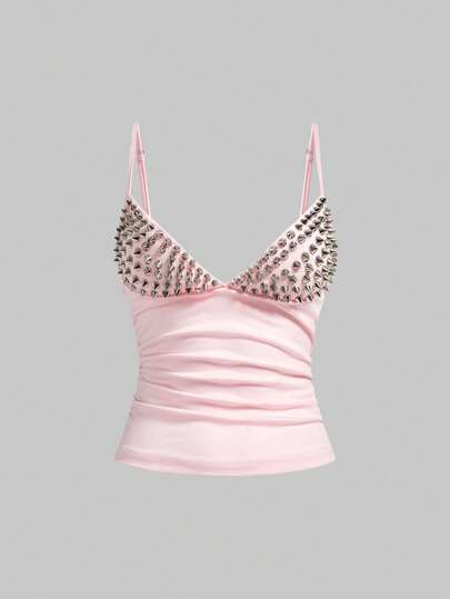 ROMWE Grunge Punk Sexy Halloween Dark Punk Rivet Patchwork Women Top