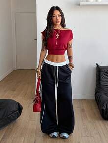 Coolane Women's Spring/Summer Concert Outfit Streetwear Sport Wear Daily Wear Basic Casual Y2K Stretchy Asymmetrical Neck Cropped T-Shirt - Burgundy - View 4