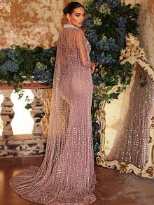 Glamrae Elegant Luxurious Pearl Beaded Design Detachable Jacket Sexy Strapless Mermaid Dress, Suitable For Weddings, Parties, Vacations, Galas, Formal Occasions (Heavily Embellished) - Pink - View 10