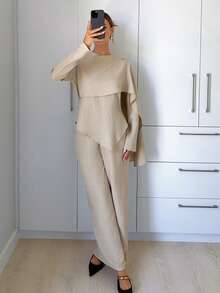 Siren Gaze 女士亚麻衬衫披肩阔腿裤通勤套装，秋冬款 - 卡其色 - 查看 3