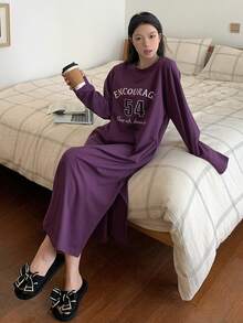 DAZY 英文数字印花宽松长袖睡裙，女士睡衣连衣裙 - 紫色 - 查看 6