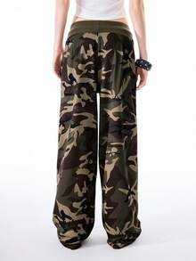 Bloopia Women's Casual Camouflage Print Drawstring Waist Wide Leg Pants - Coffee Brown - View 2