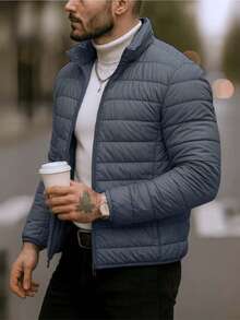 Chaqueta de manga larga para hombres 2025 acolchada de algodón, cuello de pie, chaqueta térmica a prueba de viento en otoño e invierno, disponible en varios colores, negro, azul tibetano, gris, moda joven en la calle, bolsillo con cremallera, Corte tridimensional, comodidad versátil - Gris - Ver 3