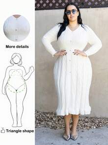 Truni Rochie elegantă de Crăciun, cu mânecă lungă, cu decolteu în V, de culoare solidă, mărime Plus, pentru iarnă, pentru forme triunghiulare de tip pară - Caisă - Vizualizare 1