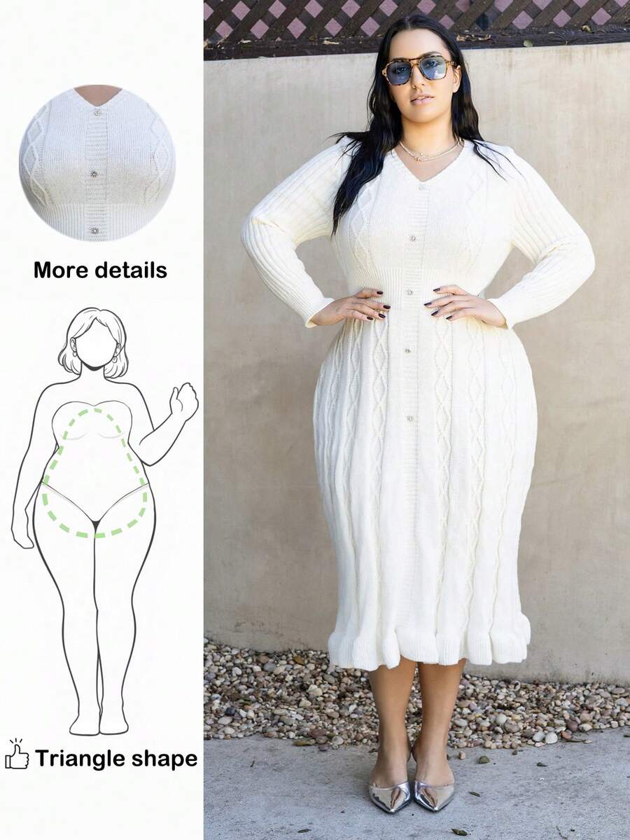 Truni Rochie elegantă de Crăciun, cu mânecă lungă, cu decolteu în V, de culoare solidă, mărime Plus, pentru iarnă, pentru forme triunghiulare de tip pară - Caisă - Vizualizare 1