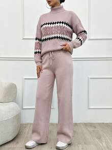 SHEIN Tall Women's Geometric Pattern High Neck Sweater 2pcs/Set, Tall Women - Dusty Pink - View 4