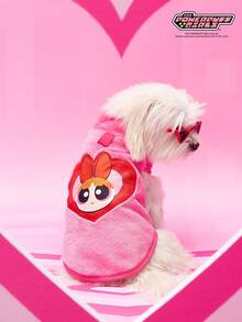 THE POWERPUFF GIRLS X PETSIN 1件绣花大眼女孩爱宠物猫狗通用保暖舒适无袖外套，配玫瑰红牵引扣，秋冬加厚绒毛外套