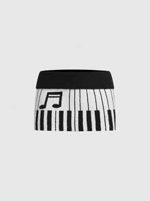 ROMWE Piano Pattern Jacquard Y2K Crop Knit Mini Skirt - Black and White - View 1