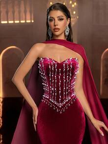 Glamrae Đầm dạ hội sang trọng màu đỏ tía, không dây vai, đính đá lấp lánh thủ công, kiểu đuôi cá (cổ áo voan xếp rời) bằng nhung. - Màu Đỏ Sâu - Xem 7
