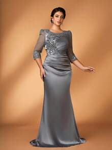 Serin Váy xẻ tà thấp bằng vải satin màu xám than sang trọng, thanh lịch cỡ lớn, thêu hạt cườm, viền đuôi cá, thích hợp cho dạ hội, tiệc độc thân, hẹn hò, vũ hội, kỳ nghỉ, đám cưới, mẹ cô dâu, khách - Màu xám đen - Xem 8