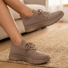 Mujer Zapatillas Deportivas De Tejido De Punto Transpirable Con Cordones Suela Gruesa Caqui - Caqui - Ver 5