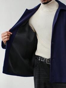 Manfinity Homme 男士纯色插肩袖单排扣休闲羊毛混纺夹克，秋冬男士外套，藏蓝色夹克，男士外衣 - 藏蓝色 - 查看 4