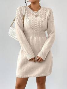 EMERY ROSE Vestido de suéter de cuello redondo de punto trenzado casual para mujer, otoño/invierno