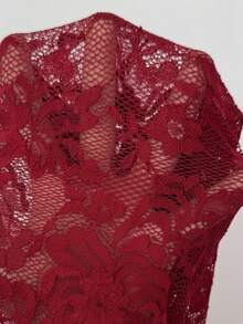 Elenzga Women's Lace Fabric V-Neck Flared Sleeve Waist Fishtail Skirt Trim Dress, Elegant, Dress, Party - Red - View 7