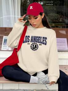 SHEIN EZwear Bộ 2 áo nỉ cổ tròn rộng rãi và quần legging bó cho nữ, in họa tiết Los Angeles, phù hợp cho mùa thu/đông - Nhiều màu - Xem 3