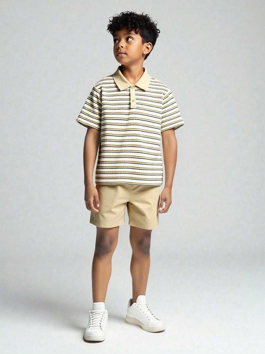 SHEIN Vacaura 2pcs Casual Stripe & Waffle Pattern Big Boy Polo Shirt And Shorts Set, Suitable For Summer Daily Wear & Recreation Summer Holiday