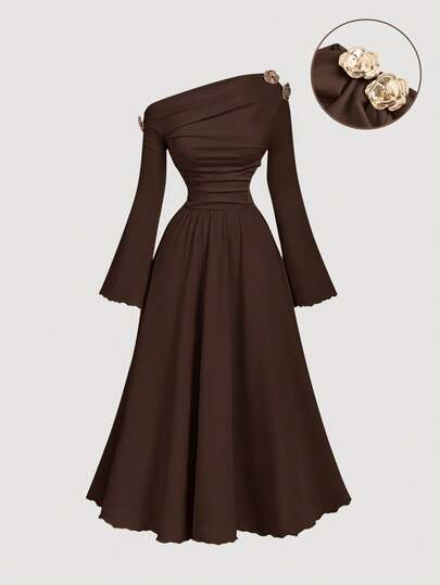 SHEIN MOD فستان نسائي أنيق أسيمتري الكتف متوسط الطول، فستان كتف واحد أنيق، ملابس خريفية/شتوية للنساء، فستان ، فستان رأس السنة، فستان حفلة، فساتين أنيقة للسيدات، خريفي أنيق، فستان عيد الميلاد