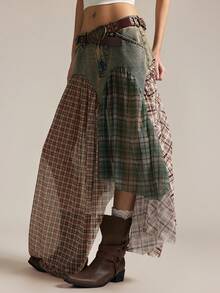 Easelle 女士休闲拼接格纹不对称下摆牛仔裙 - 藍色 - 查看 8