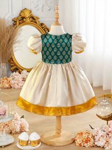 SHEIN Baby Mädchen Frühlingsstil Mittlerer Osten Rundhals Puffärmel Kontrastfarbiger Muster Satin Komfortables Kleid, geeignet für Feiertage oder Alltagstragen - Verschiedenfarbig - Übersicht 3