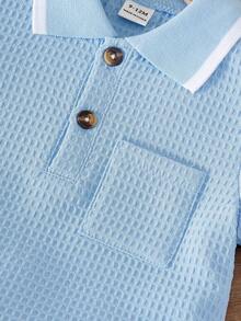 Souflis Souflis 2件套婴儿/男童杏色宽松纽扣撞色罗纹袖口领短袖polo衫配松紧腰短裤套装，夏季，童装，幼儿服装，婴儿套装，男婴套装，婴儿衬衫，幼儿短裤，3个月-3岁 - 淺藍色 - 查看 7