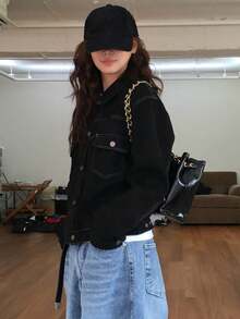 DAZY Women's Casual Single-Breasted Denim Jacket With Pockets, Autumn - Black - View 5