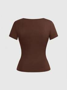 ROMWE Grunge Punk Áo thun tay ngắn cổ chữ V kẻ sọc phối màu phong cách Y2K cổ điển - Cà phê nâu - Xem 2