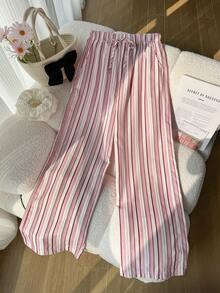 Sparklyn 少女款阔腿休闲裤，粉色条纹，适合日常、户外、度假穿着，可搭配吊带背心、T恤、衬衫。 - 粉色 - 查看 4