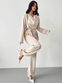 Firerie Elegant minimalistisk blus med draperad halsringning och långärmad passform för kvinnor, lämplig för dejt, alla hjärtans dag, pendling, arbetskläder, kvinnliga lärare - Aprikos - Visa 8