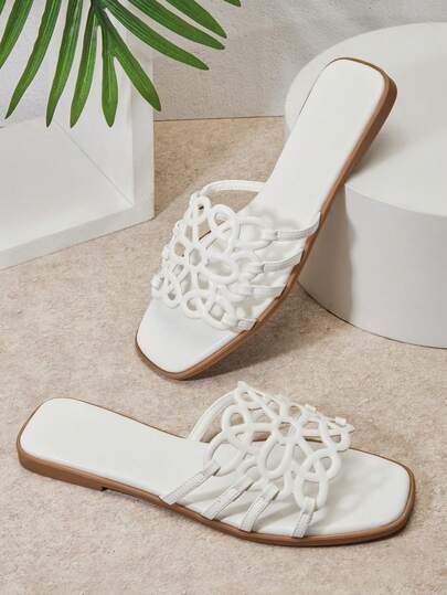 SHUZIA 女士现代方头镂空艺术设计纯素皮革白色拖鞋——时尚简约，轻松打造优雅气质，适合任何场合。情人节特惠。