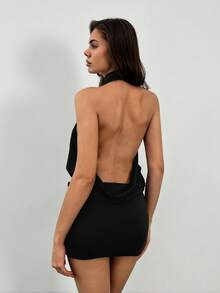SHEIN Tall Women's Halter Backless Ruched Sexy Mini Bodycon Party Open Back Black Open Back Black Backless Backless Halter Backless Halter Neck Mini Backless Mini Open Back Dress Black Backless Dress Backless Mini Dress Halter Backless Dress - Black - View 1