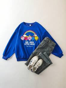 Mr Men Little Miss X SHEIN Women's Casual Cute Cartoon Rainbow & Letter Graphic Crew Neck Sweatshirt, Autumn - Blue - View 5
