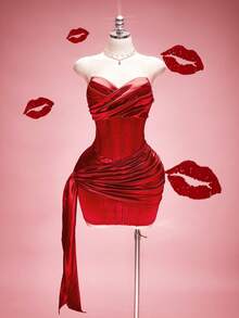 SHEIN ICON 加大码性感紧身红色绷带连衣裙，优雅浪漫，适合情人节、约会和派对穿着 - 紅色 - 查看 3