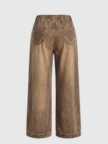 ROMWE EDITION Plus Size Vintage Washed Leopard Print Wide Leg Jeans - Brown - View 3