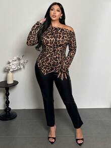 Firerie Camiseta asimétrica de talla grande con estampado de leopardo, de moda para el día a día - Marrón - Ver 3