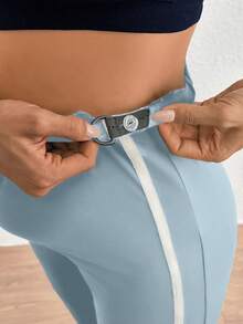 SHEIN Maternity Adjustable High Waist Flare Legs Pants - Blue - View 4